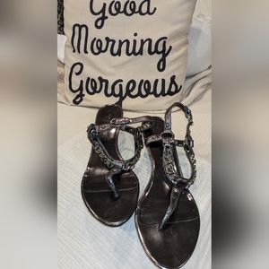 Gun metal silver short wedge strappy sandal